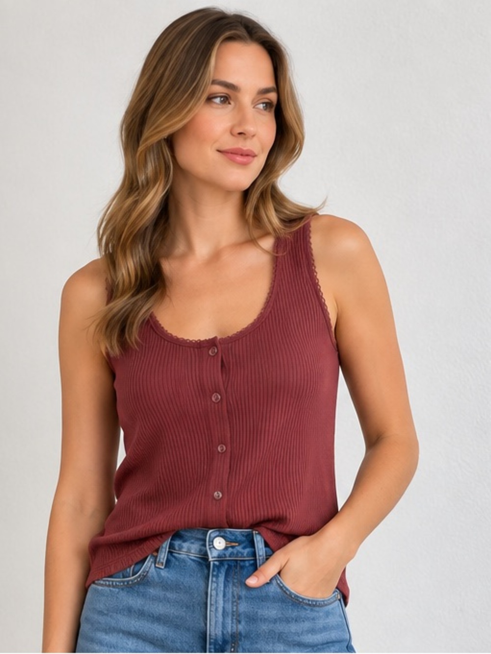 NWT Free People Intimately ribbed button-front henley tank top brick red sz S